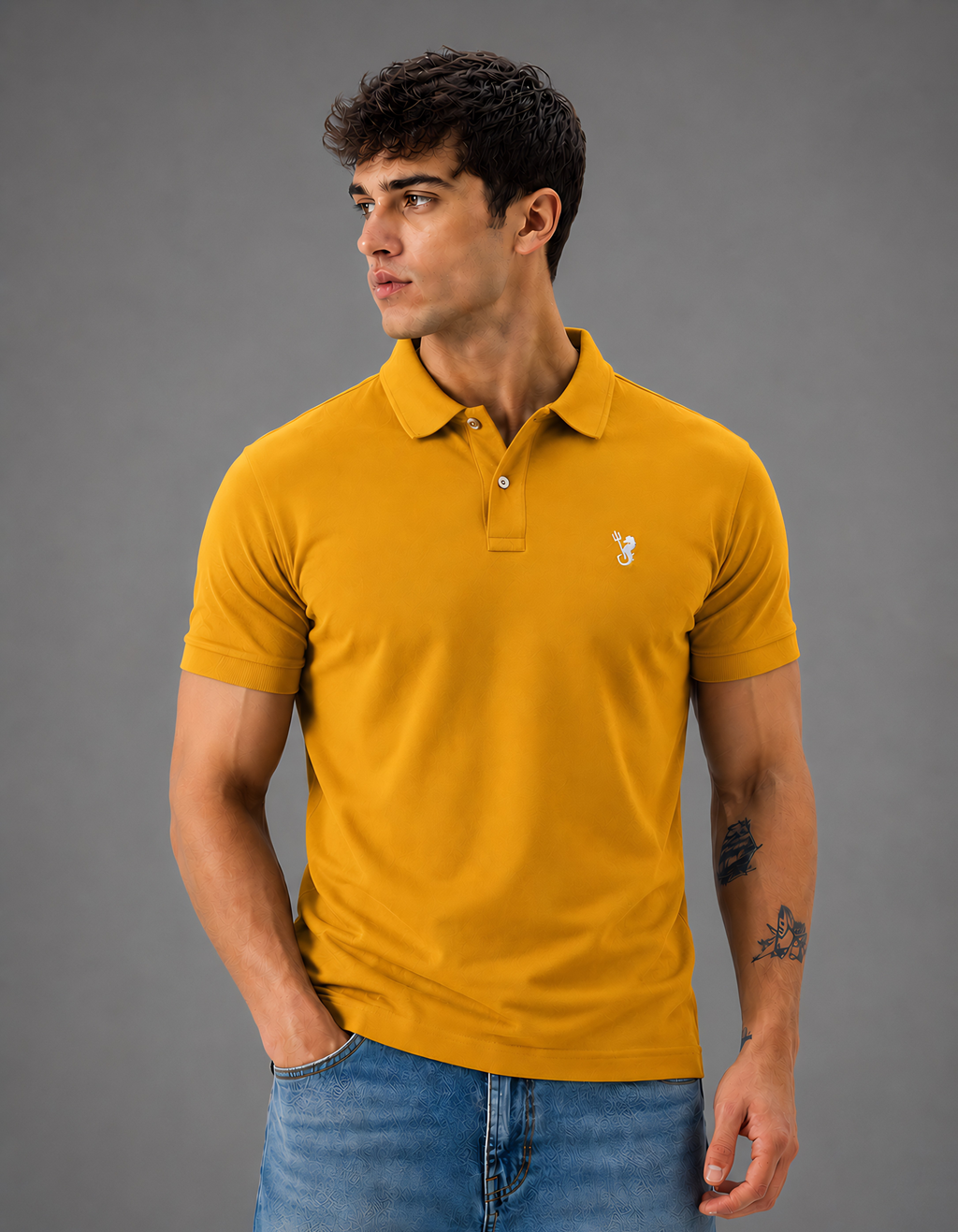 Man wearing a mustard yellow polo shirt with a logo on a gray background
