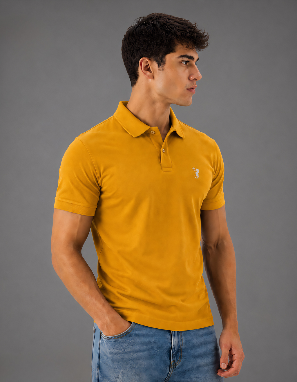 Man wearing a mustard yellow polo shirt with a logo on a gray background