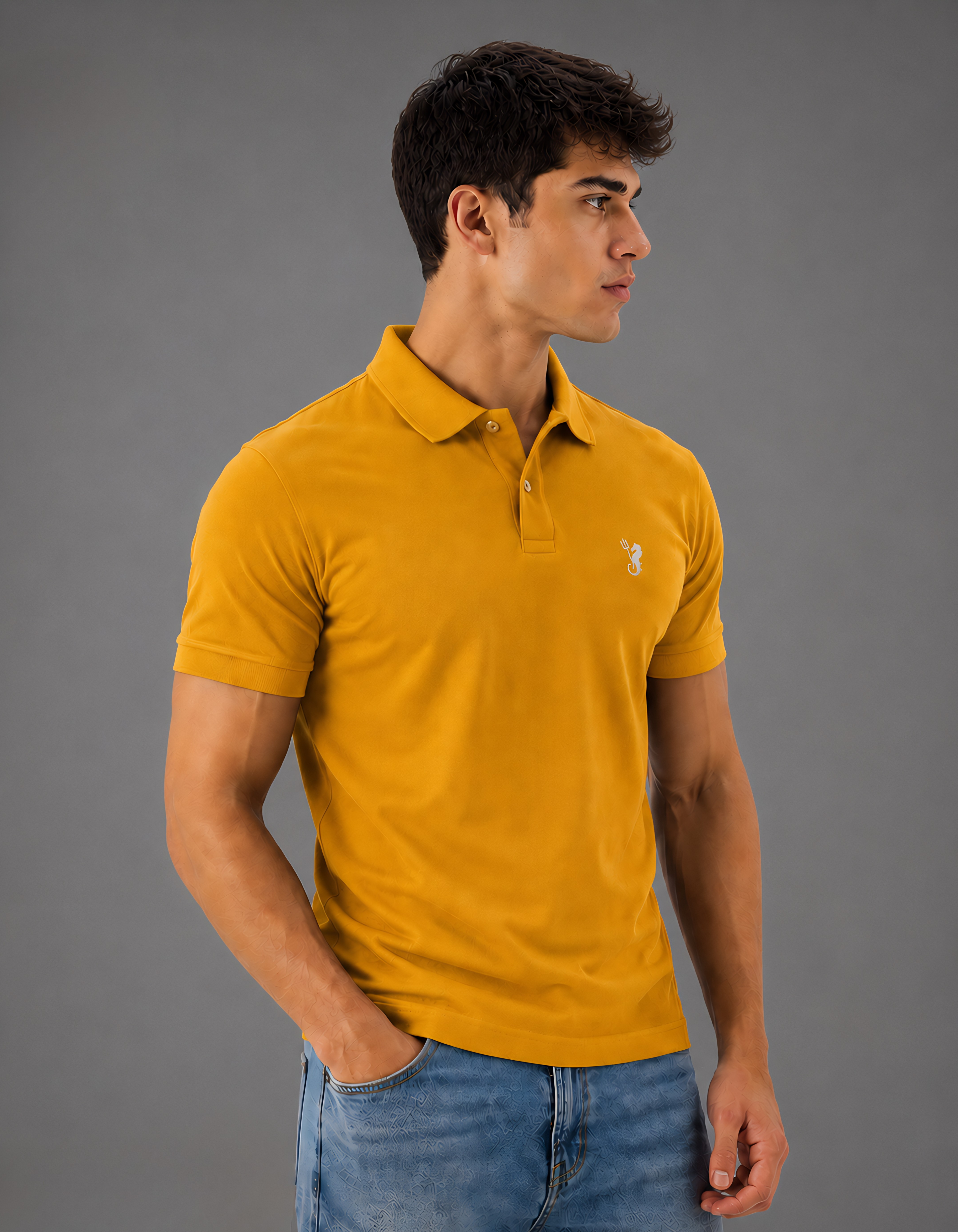 Man wearing a mustard yellow polo shirt with a logo on a gray background