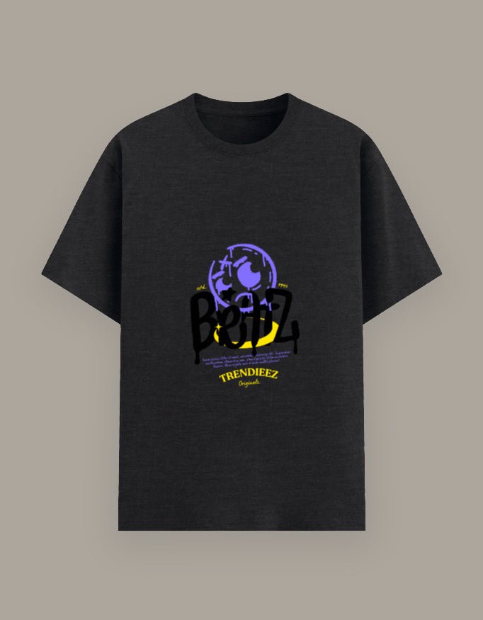 Black t-shirt with a graphic design on a gray background