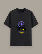 Black t-shirt with a graphic design on a gray background