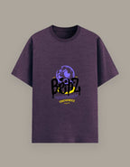 Purple t-shirt with graphic design and text on a gray background