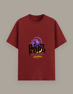 Red t-shirt with graphic design and text on a beige background