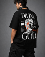 Person wearing a black t-shirt with 'Divine God' design on the back against a gray background
