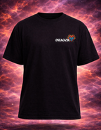 Black t-shirt with a logo on a fiery background