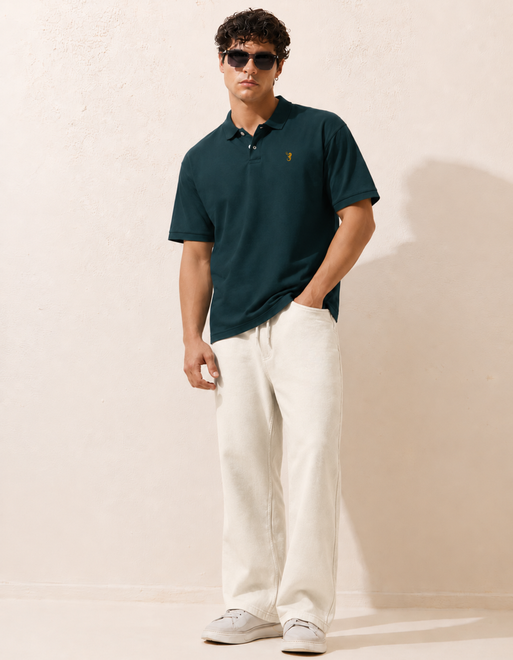 Man wearing a dark green polo shirt and white pants against a beige background
