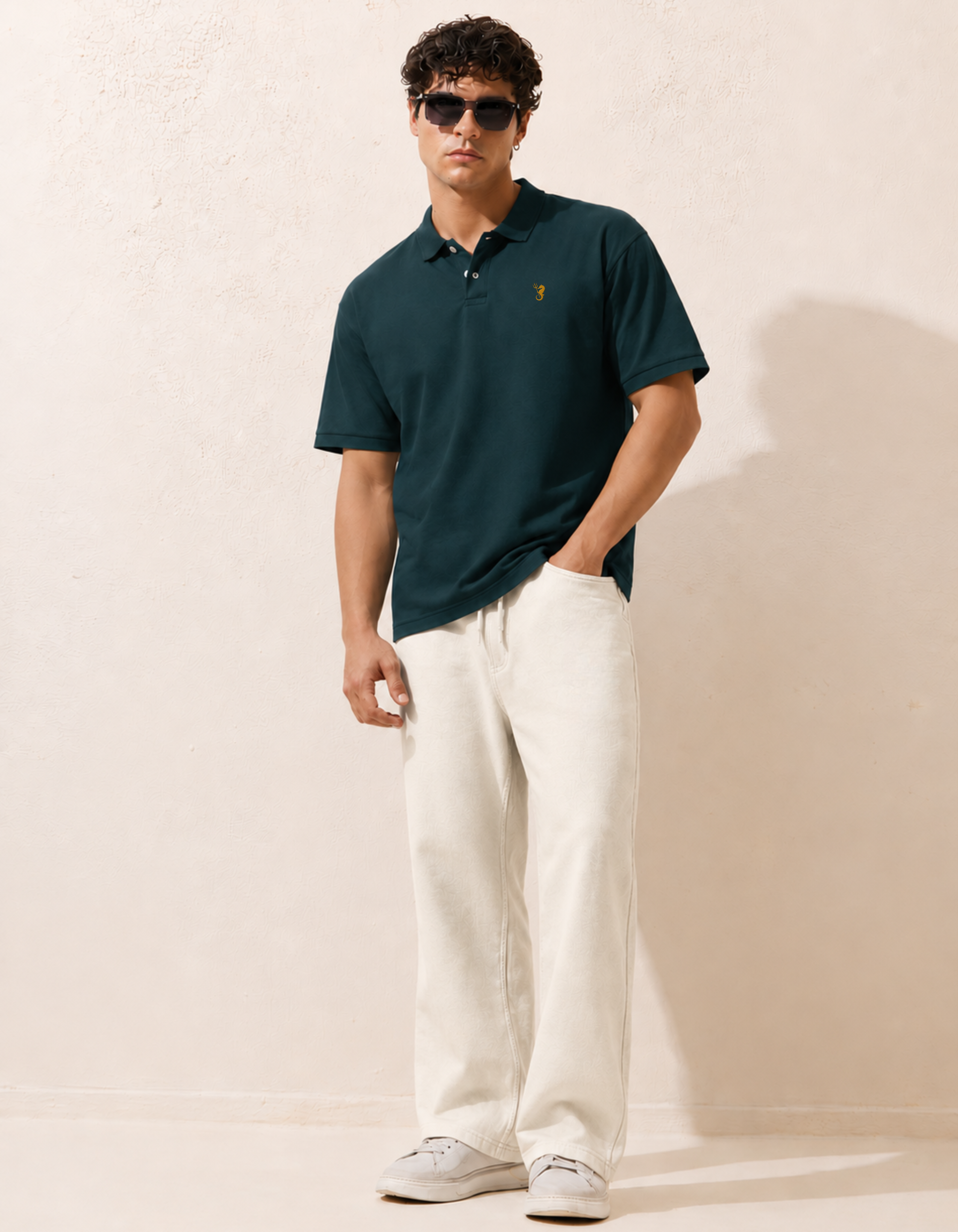 Man wearing a dark green polo shirt and white pants against a beige background