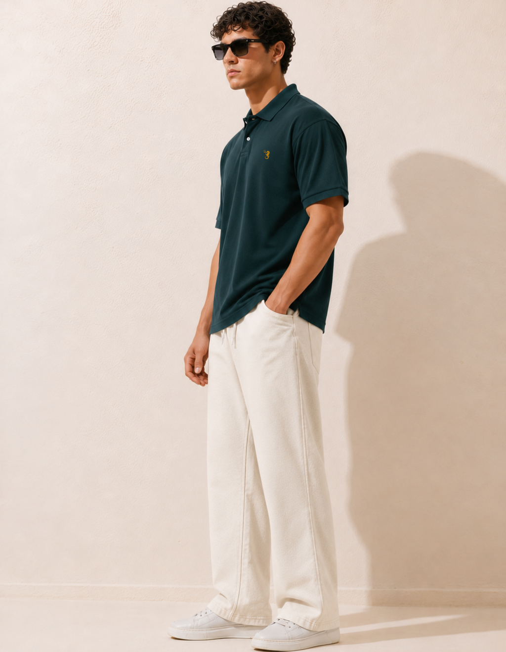 Man wearing a dark green polo shirt and white pants against a beige background