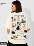Woman wearing a 'gossip girl' themed t-shirt with illustrations and text on a plain background