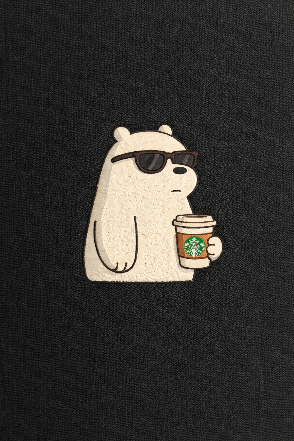 Polar bear with sunglasses and a Starbucks cup on a black background