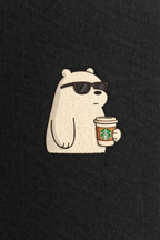 Polar bear with sunglasses and a Starbucks cup on a black background