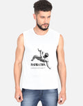 Man wearing a sleeveless shirt with a graphic design and text on a plain background