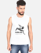 Man wearing a sleeveless shirt with a graphic design and text on a plain background