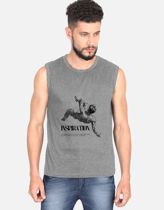 Man wearing a sleeveless gray shirt with a graphic design on a white background