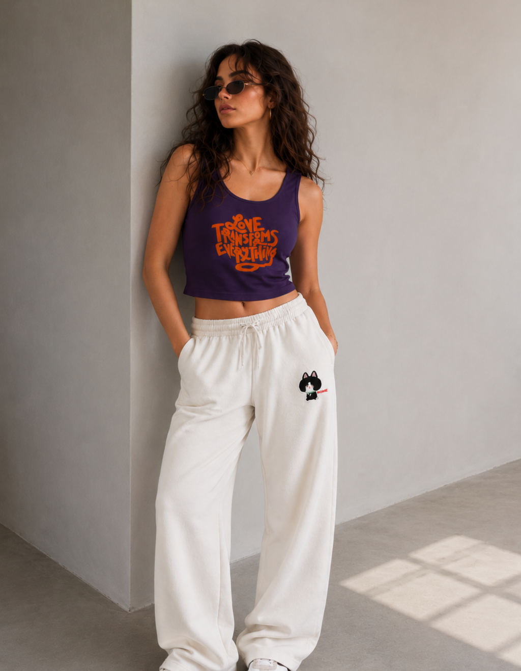 Woman wearing a purple tank top with text and white pants against a gray wall.