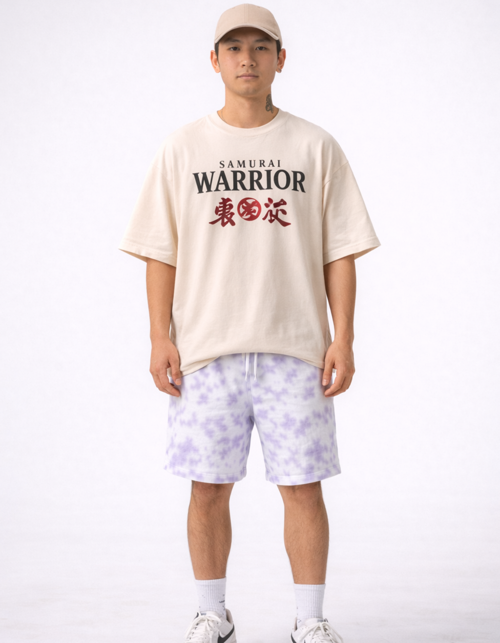 Person wearing a 'Samurai Warrior' t-shirt and floral shorts on a white background