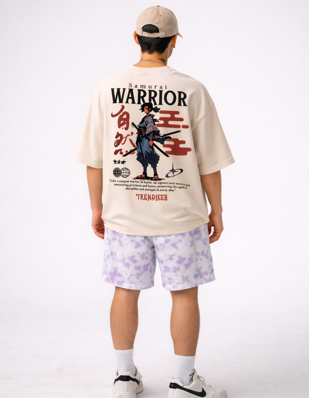 Person wearing a 'Samurai Warrior' t-shirt with a graphic design on the back.
