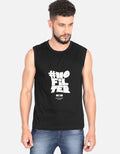 Man wearing a black sleeveless shirt with '#NOFILTER' text on a white background