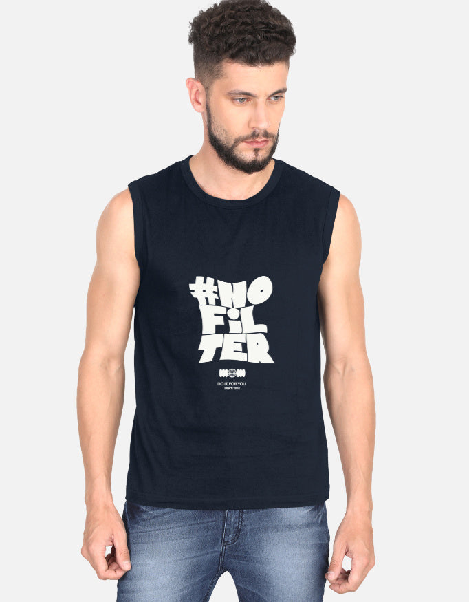 Man wearing a black sleeveless shirt with '#NOFILTER' text on a white background