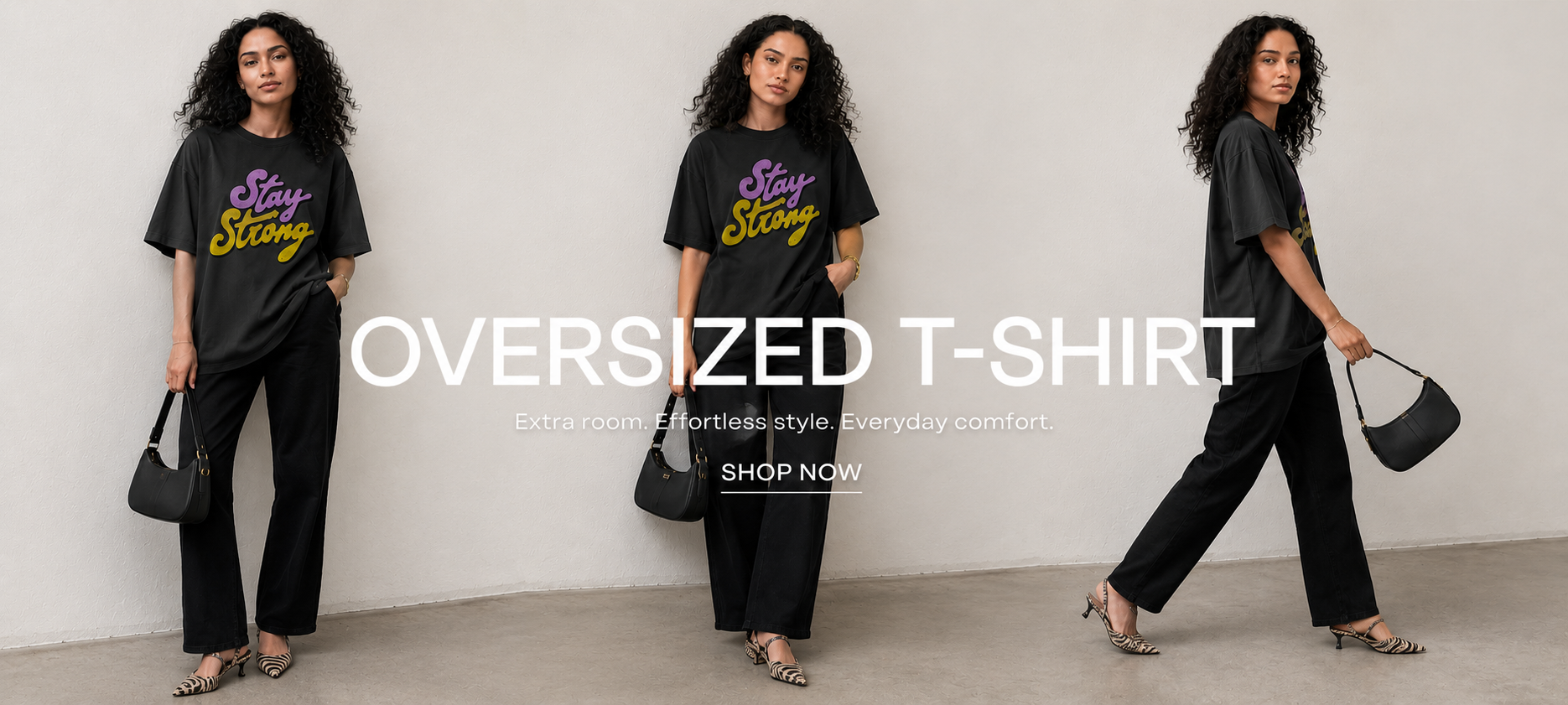 Woman wearing an oversized t-shirt with text, standing against a plain background. TRENDIEEZ