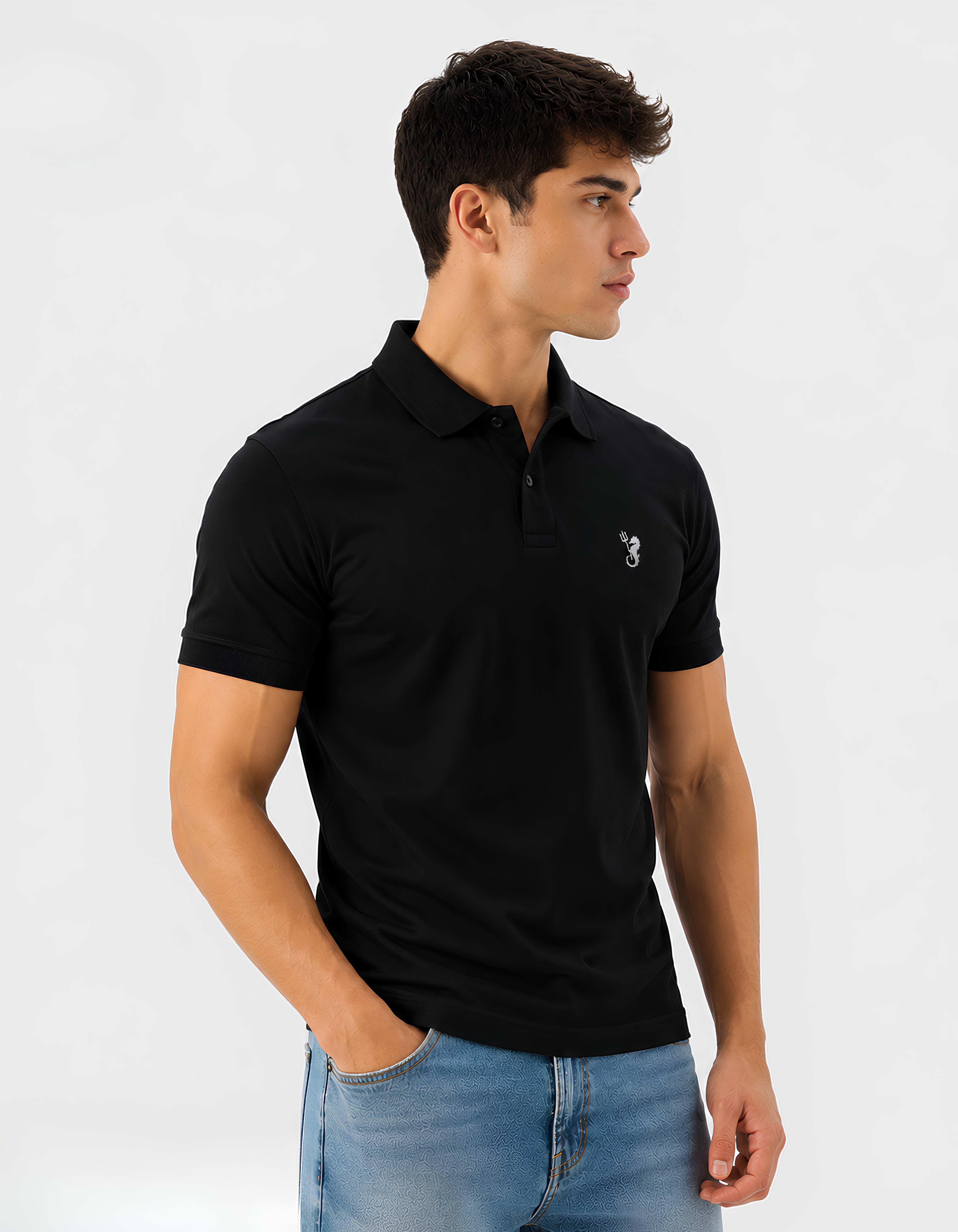 Man wearing a black polo shirt with a logo on a light gray background