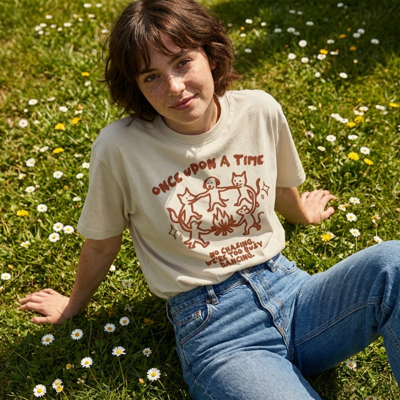 Person sitting on grass wearing a t-shirt with a graphic design.
