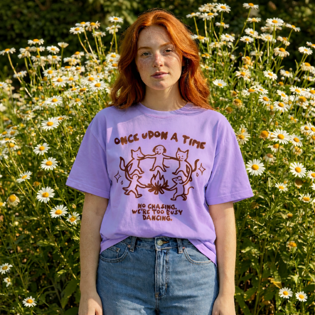 Person wearing a purple t-shirt with a graphic design in a field of flowers