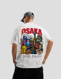 Person wearing a white t-shirt with Osaka-themed graphics and text on the back.
