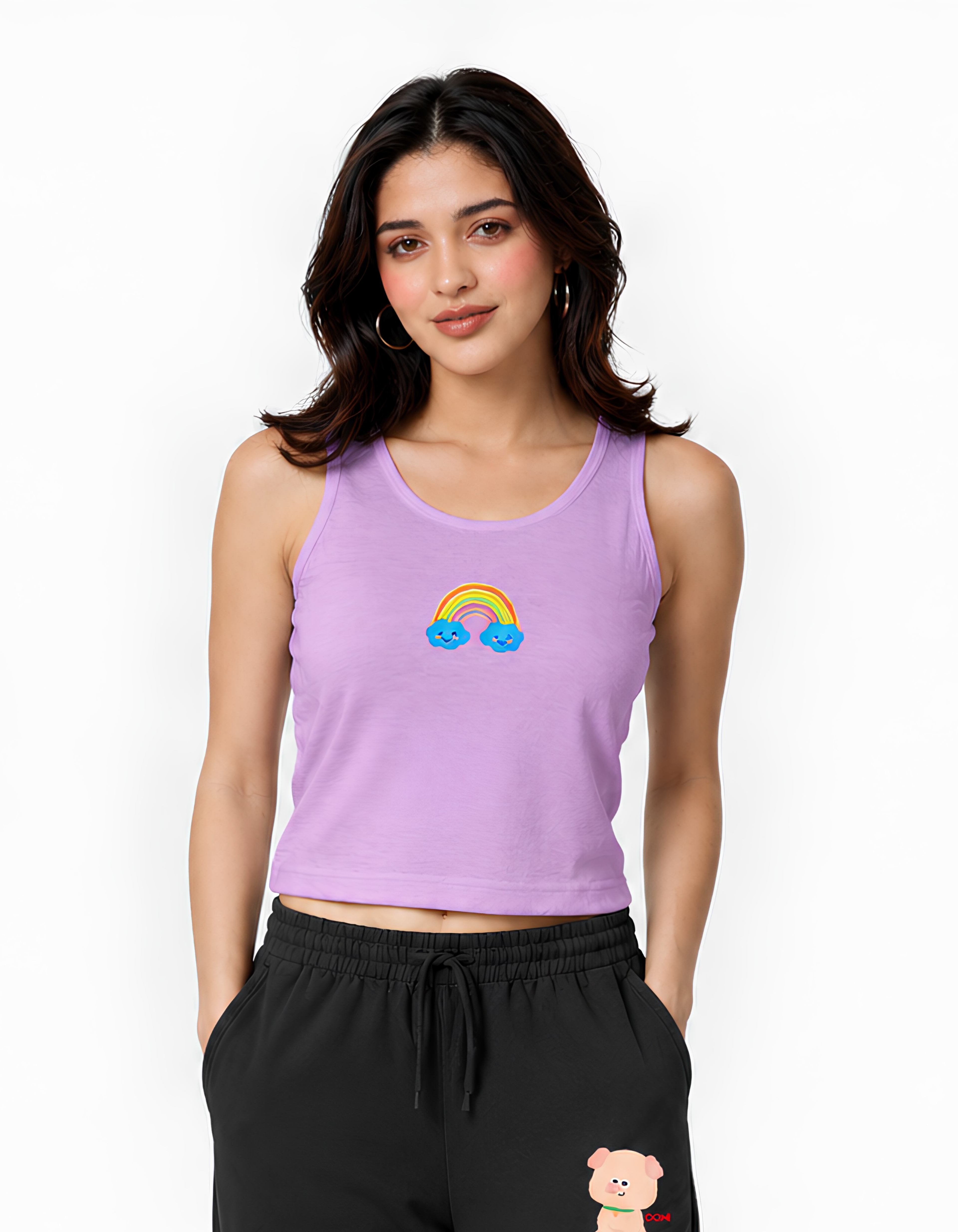 Woman wearing a purple tank top with a rainbow design on a white background