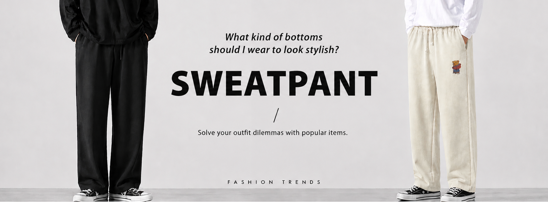Two people wearing sweatpants with text on a gray background TRENDIEEZ