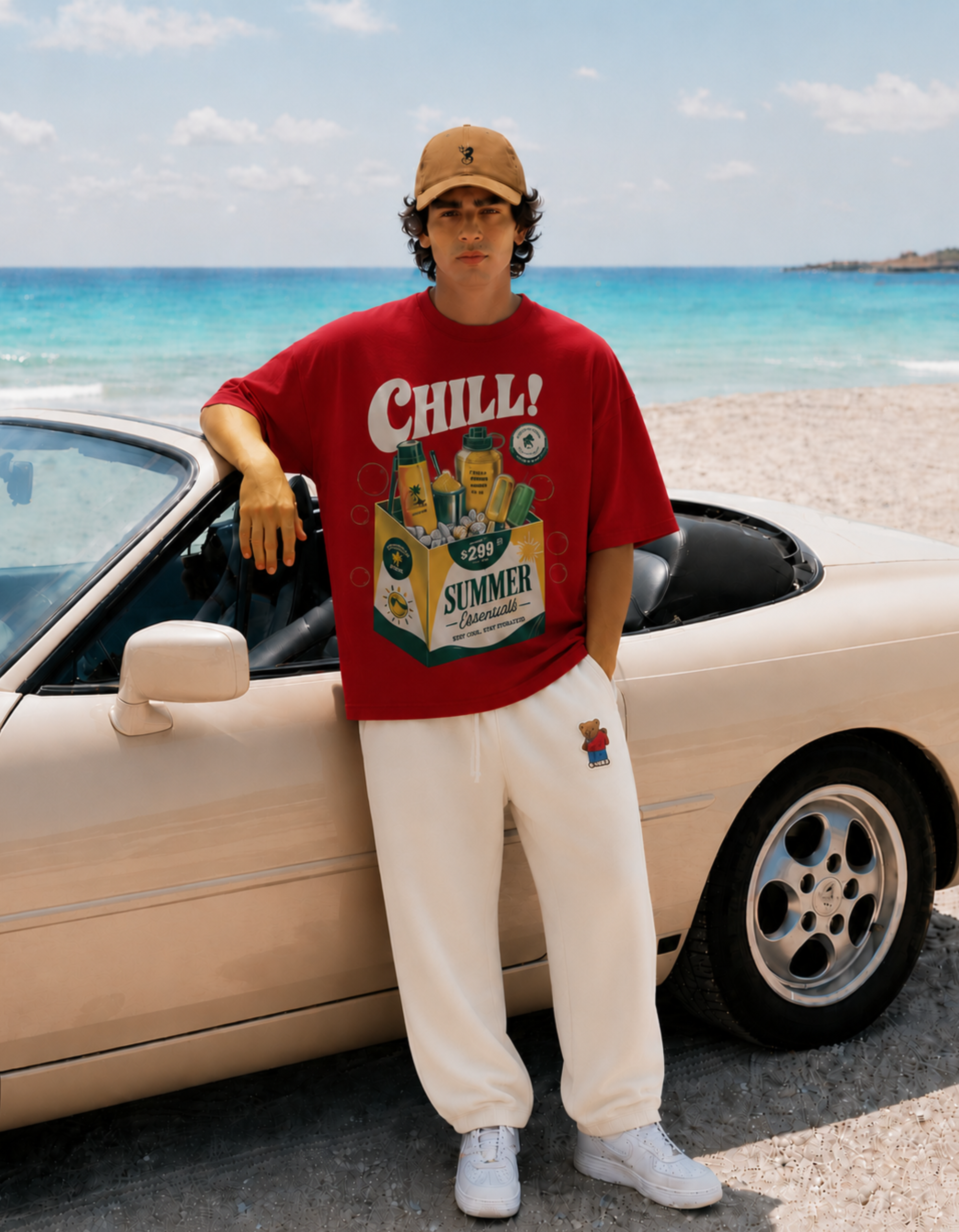 Person wearing a red 'Chill Summer' t-shirt leaning against a car on a beach.