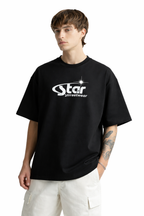 Person wearing a black t-shirt with 'Star Streetwear' logo on a white background