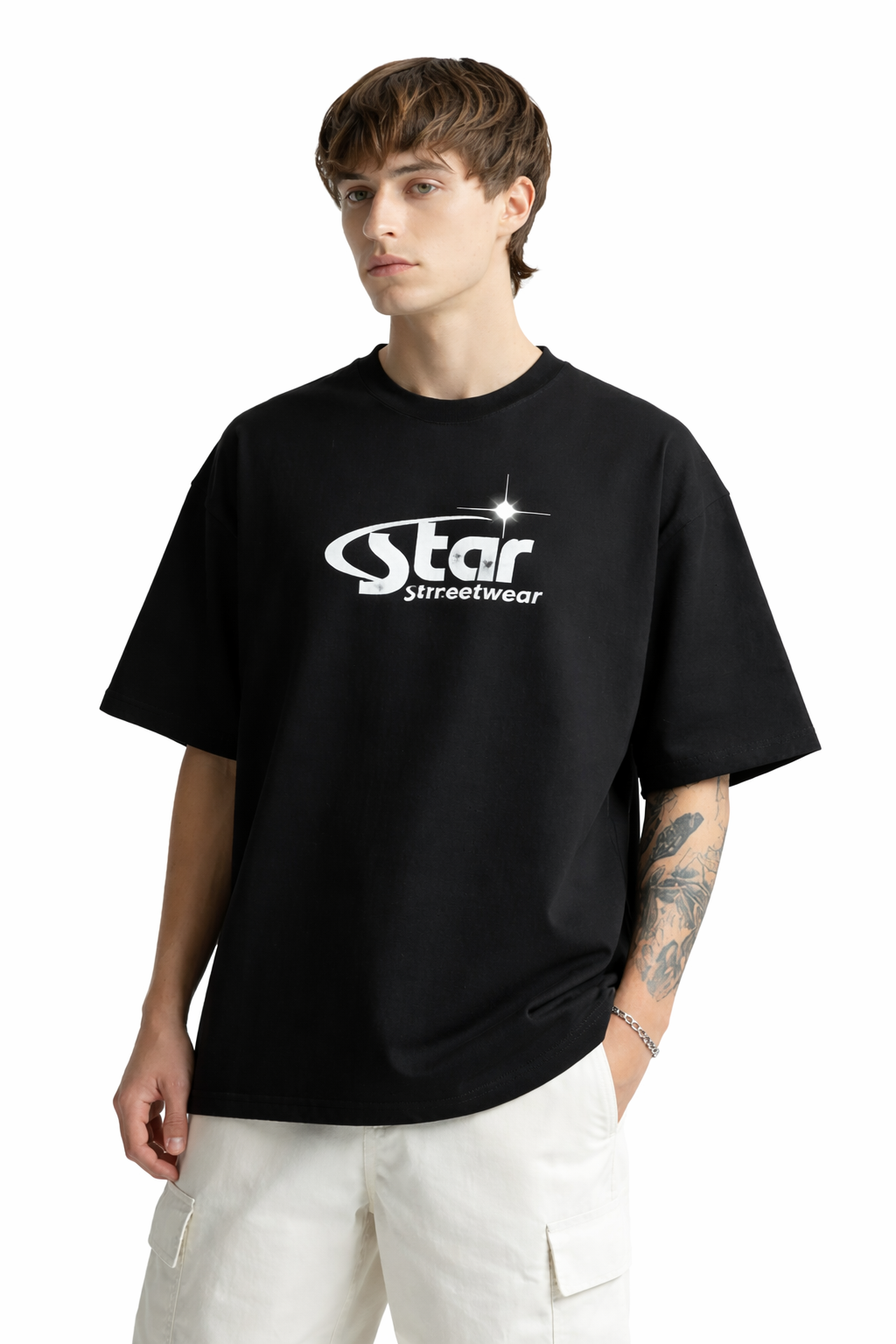 Person wearing a black t-shirt with 'Star Streetwear' logo on a white background