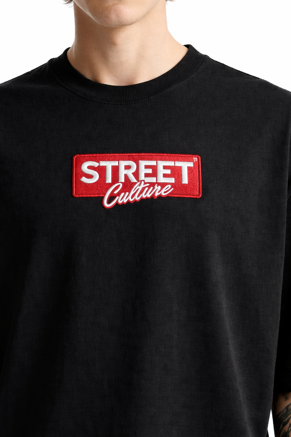 Black t-shirt with 'Street Culture' logo on a white background