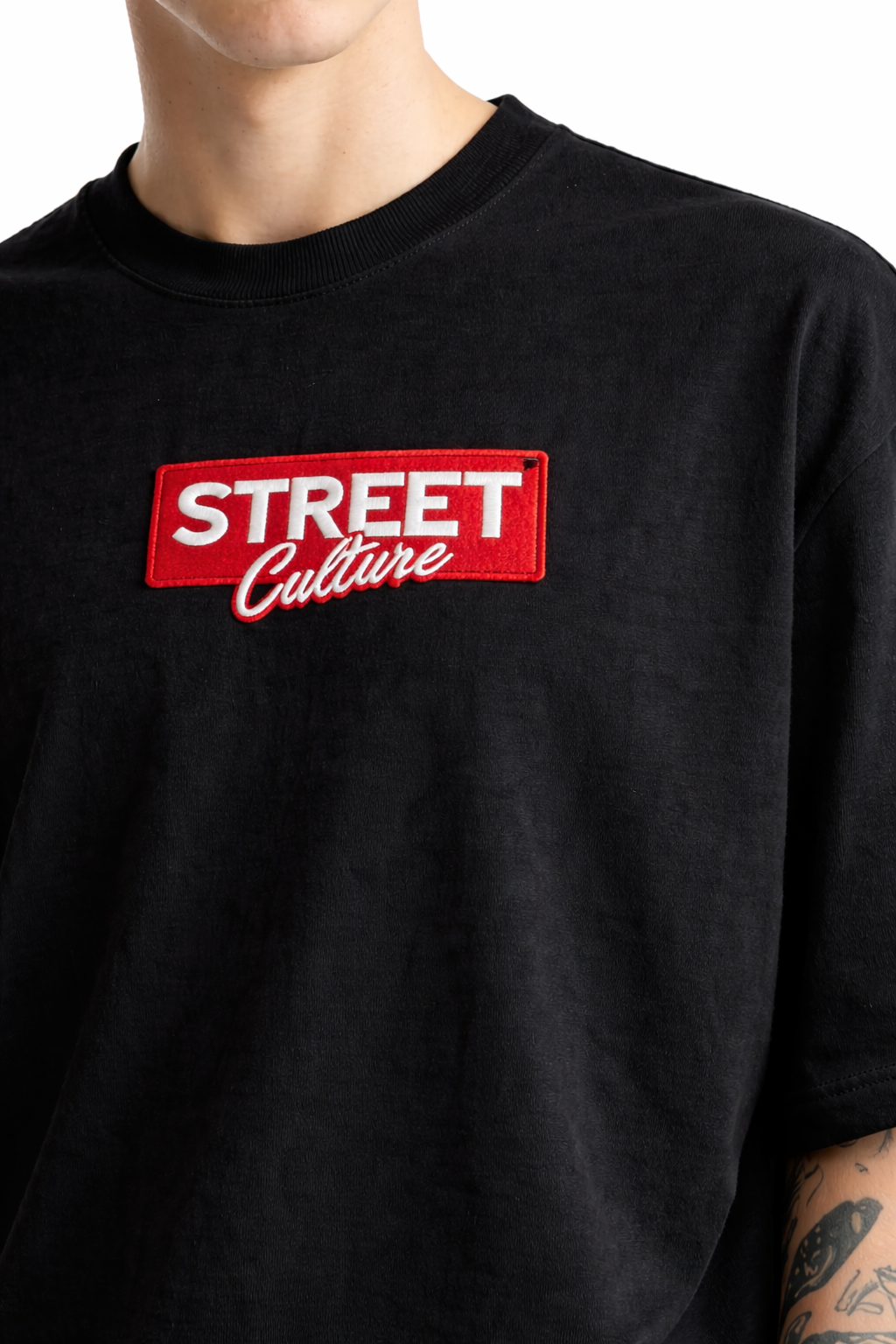 Black t-shirt with a red and white 'Street Culture' logo on a white background