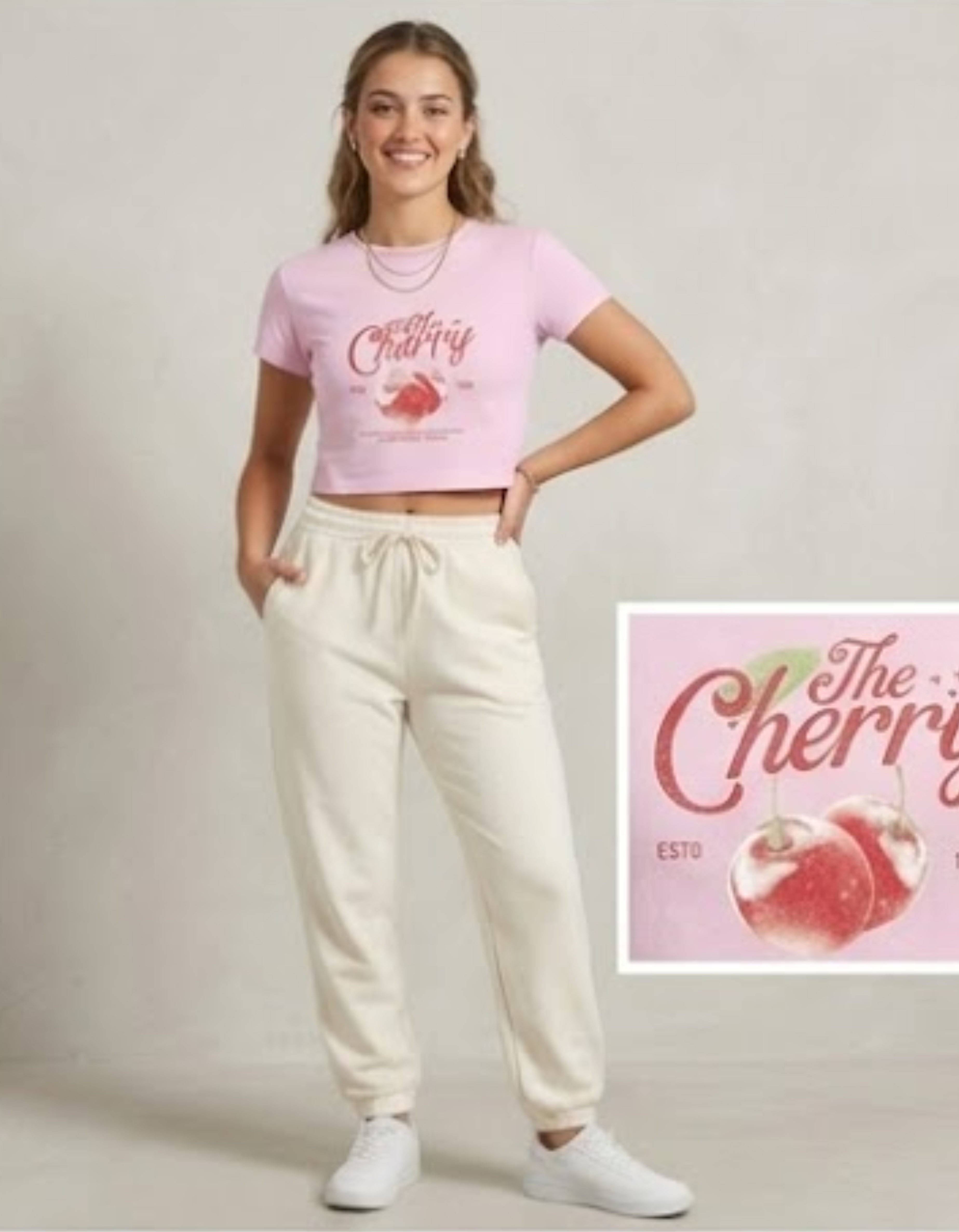 Woman wearing a pink t-shirt with 'The Cherry' design and white pants, standing against a plain background.