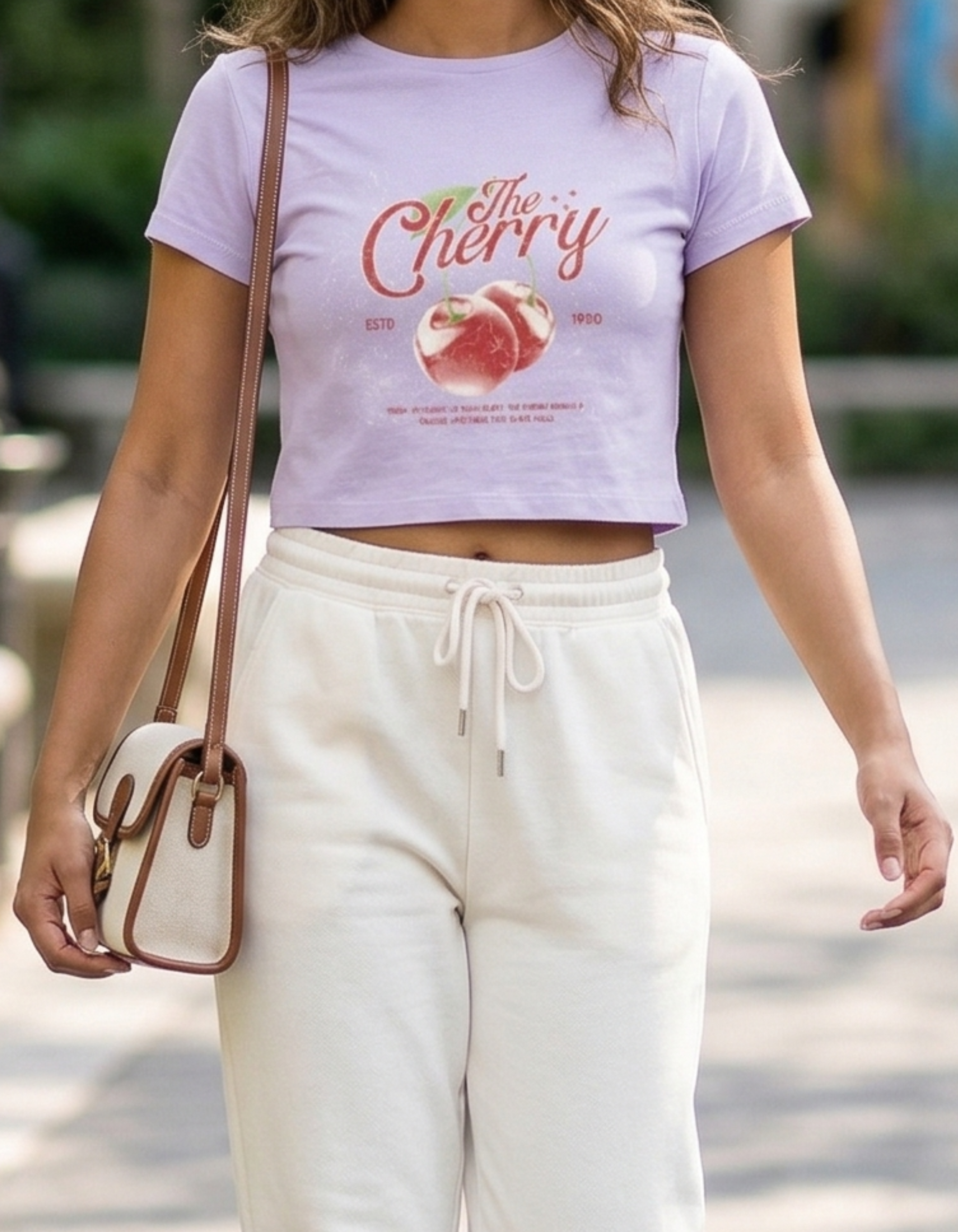 Person wearing a light purple t-shirt with 'The Cherry' graphic and white pants, holding a beige handbag.