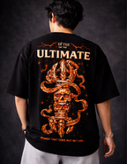 Person wearing a black t-shirt with a graphic design and text on the back against a dark background