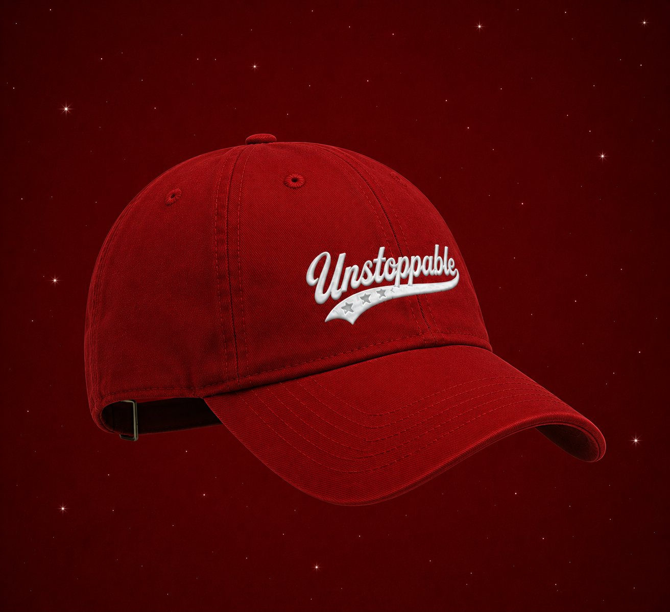 Red cap with 'Unstoppable' text on a red background