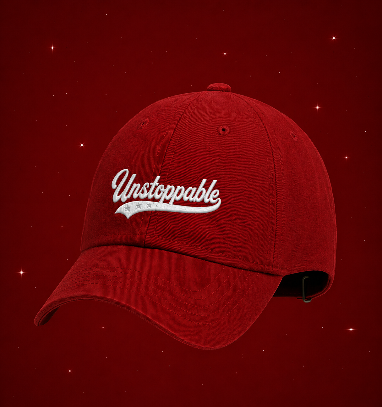 Red cap with 'Unstoppable' text on a red background
