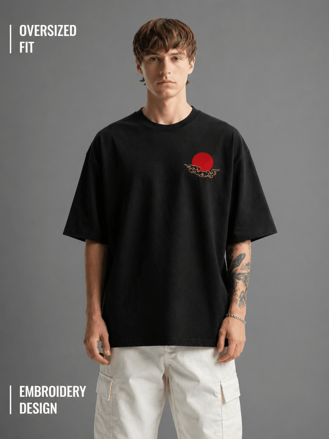 Japanese Sunset Art Embroidery Oversized T-Shirt - Trendieez
